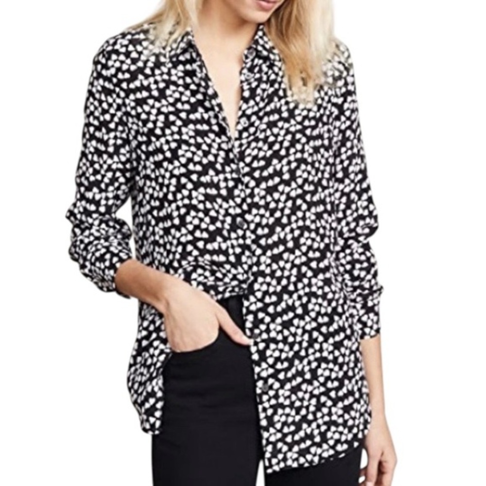 Equipment Femme Silk Heart Print Button Down Blouse Black White Size M French